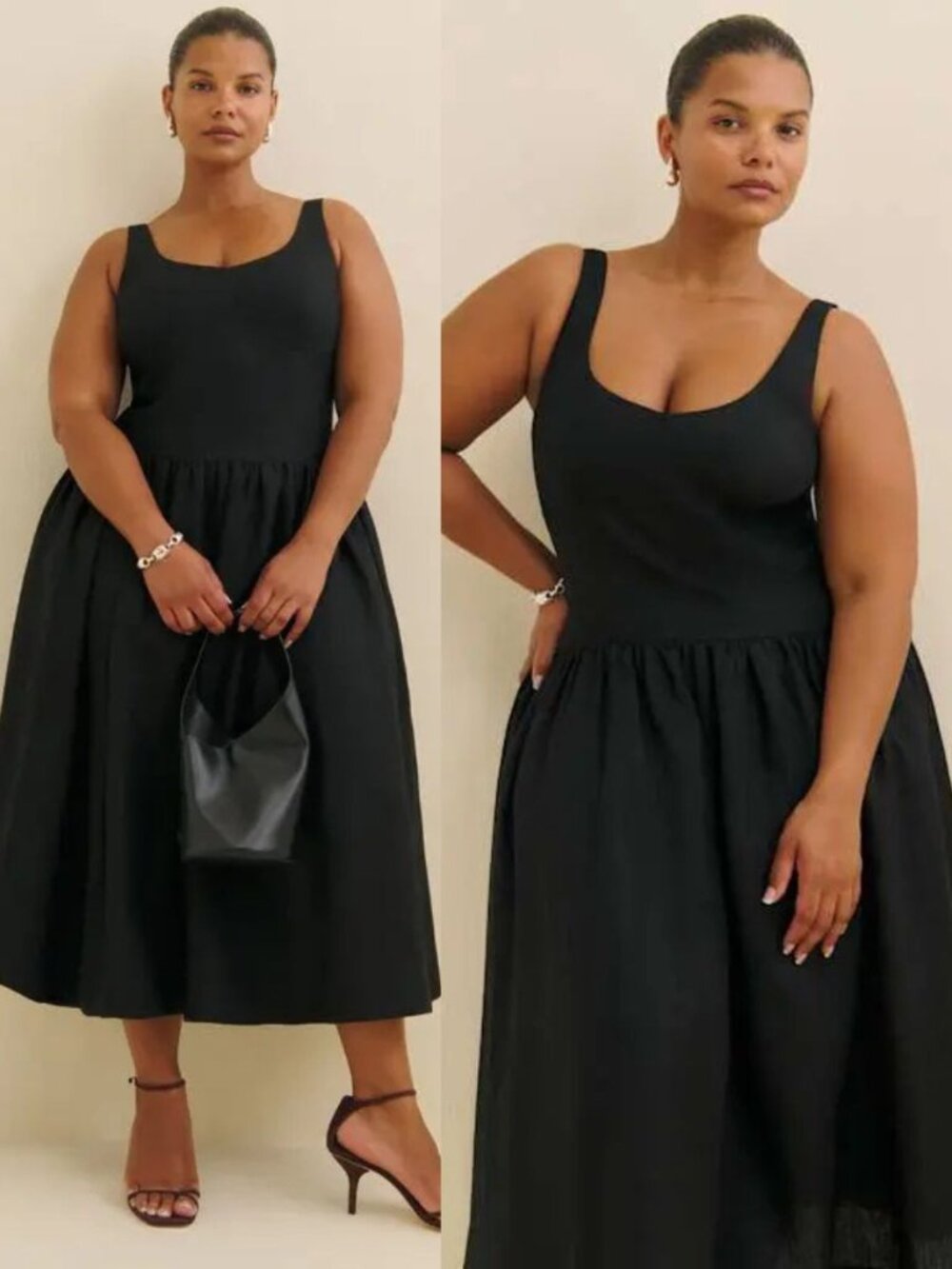Reformation‎ Roslyn Dress Black Linen Drop Waist Pleated Sleeveless Midi Size 20